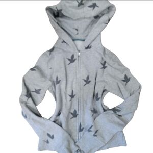 aerie Grey Hooded Zip Jacket with Bird Print